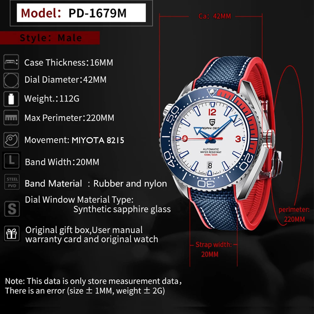 2026 New PAGANI DESIGN Diving Series Luxury 8215 Mechanical Automatic Watch Sapphire Glass 40MM Sports Leather Watches for Men