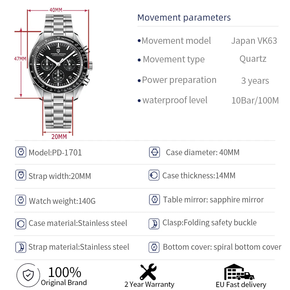 PAGANI DESIGN 2026 New V5 PD1701 Men's Watches Luxury Quartz Watch Men Sport Speed Chronograph AR Sapphire Glass 100M Waterproof